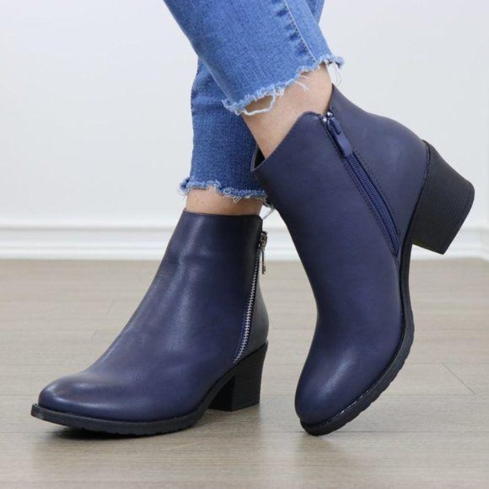 Navy Faux Leather Ankle Boots Silver Zipper Block Heel - Picture 4 of 8